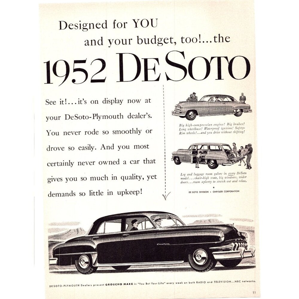 1952 DeSoto Custom Sedan Antique Car Vintage Print Ad De Soto Man Cave Wall Art